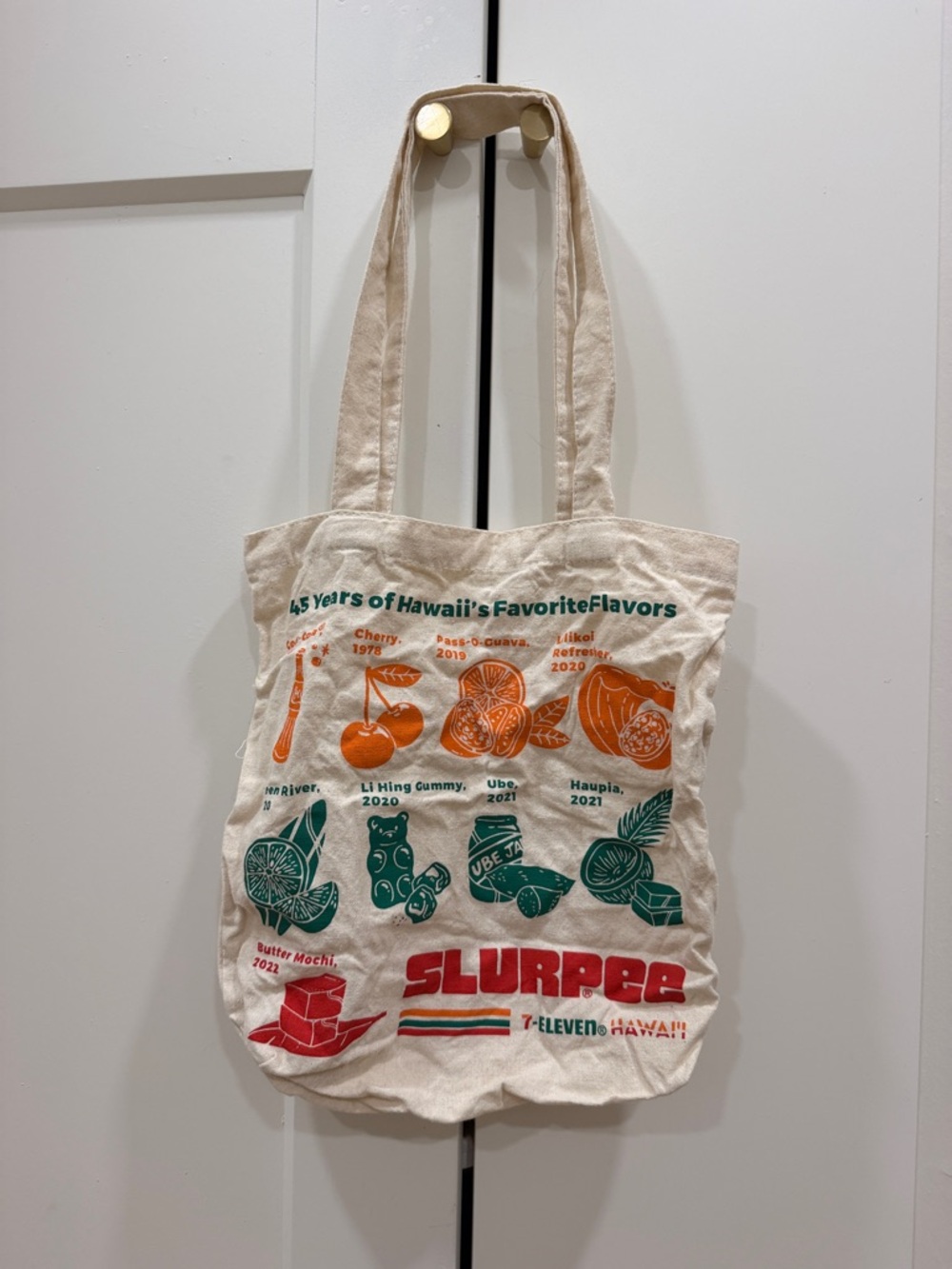 Slurpee 7-Eleven Hawaii Tote Bag - Cream with Orange & Teal Print